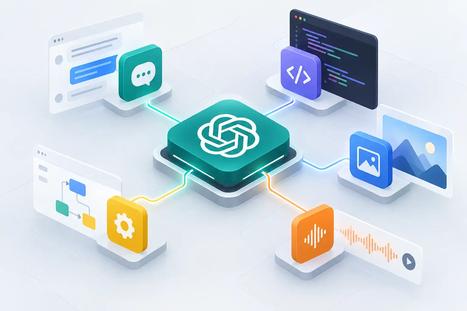 OpenAI ecosystem connecting ChatGPT, APIs, models, and AI tools