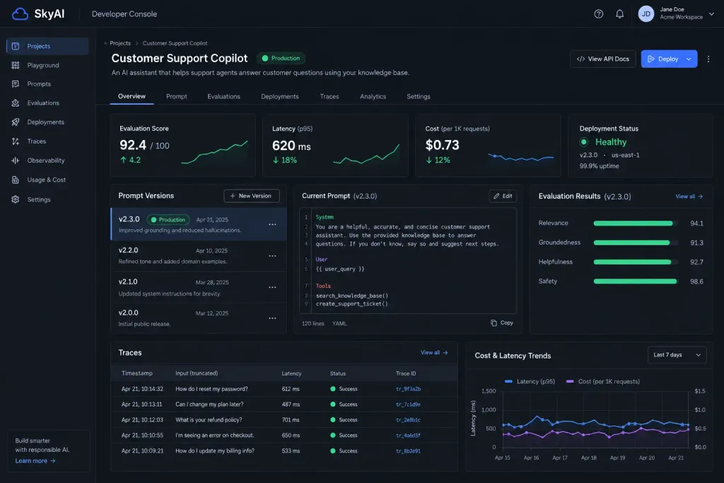 Cloud AI developer console with evaluations deployments cost and traces