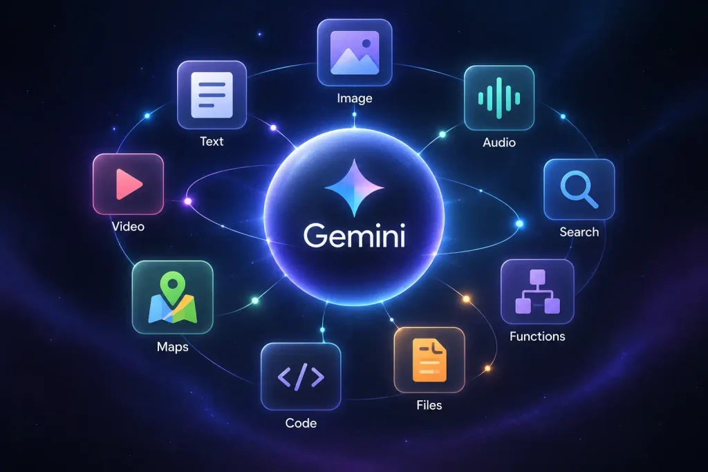 Gemini AI features across text image audio video tools and search