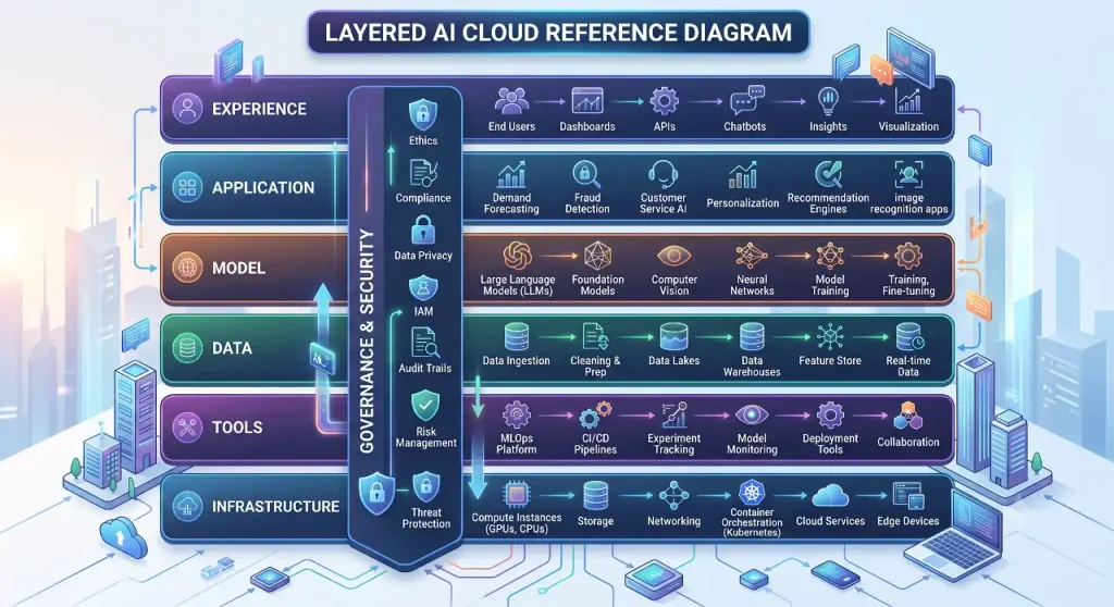 AI Cloud architecture layers for models data tools and governance