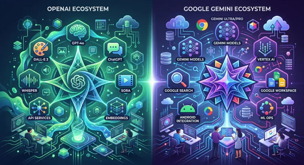 OpenAI AI tools and Google Gemini ecosystem comparison